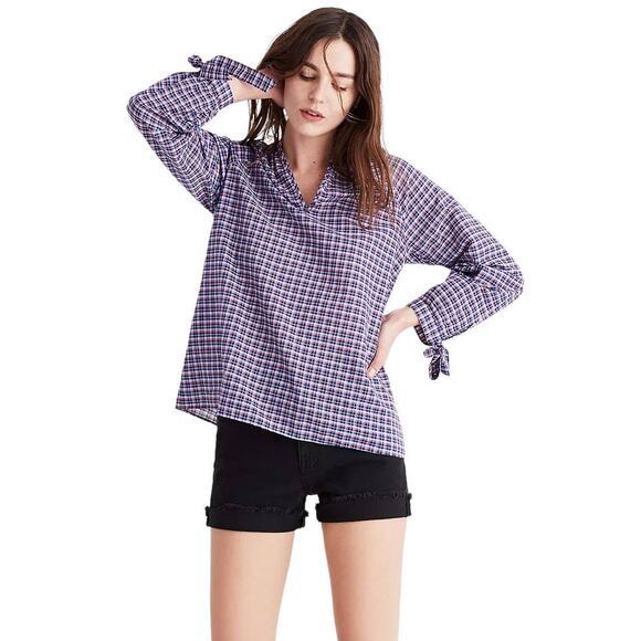 Madewell Womens Plaid Tie-Sleeve Popover Blouse Blue Red NWT Size S Cotton Linen - Picture 2 of 7